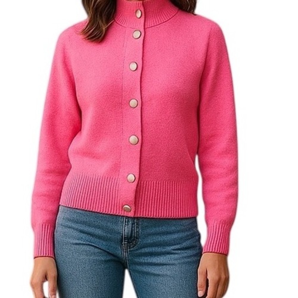 Vintage Women's Mock‎ Neck Pearl Button Cardigan Sweater Pink Size M Classic